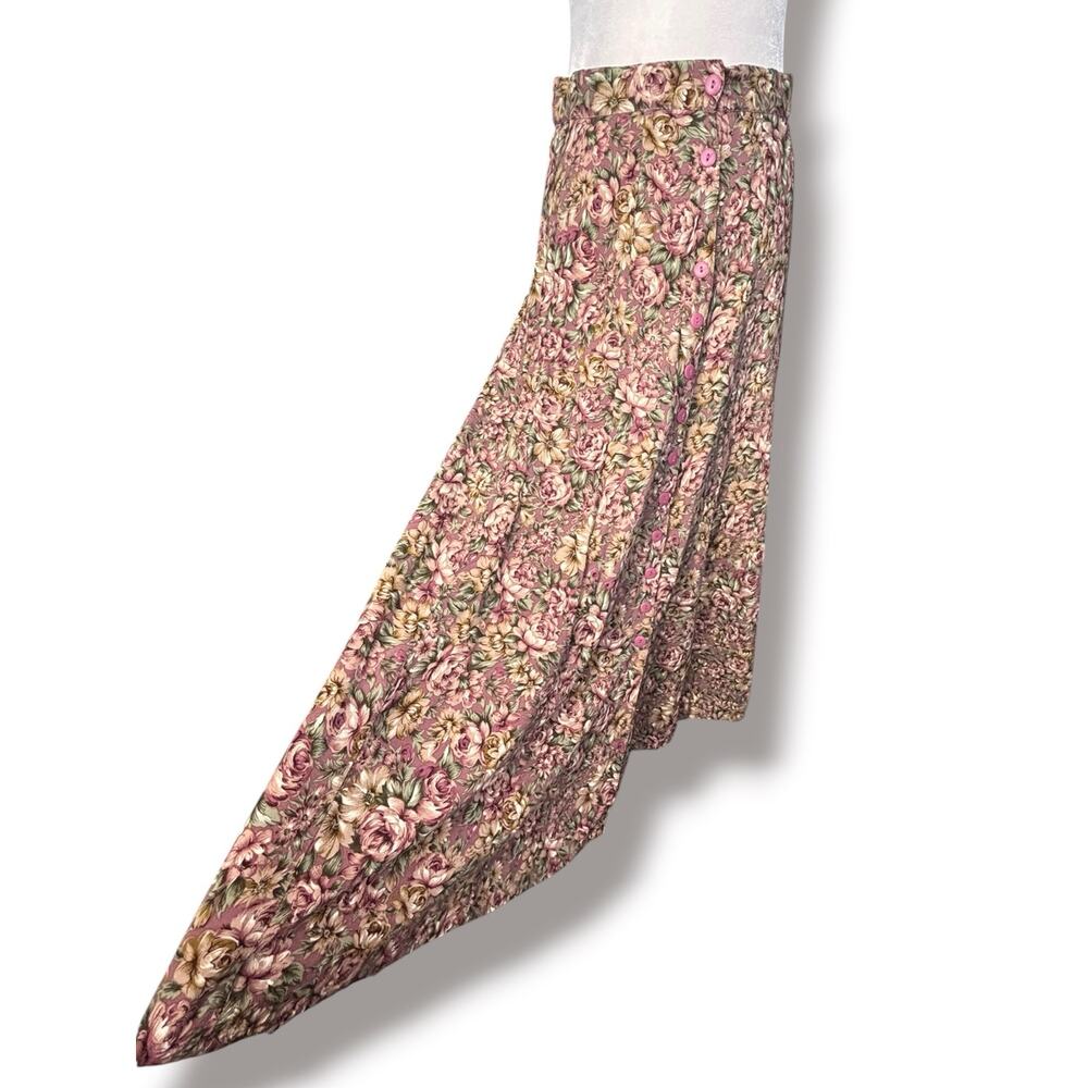 Vintage Floral Flowing Midi Skirt Pink Rose Print Button Front Cottage Romantic - Picture 2 of 11